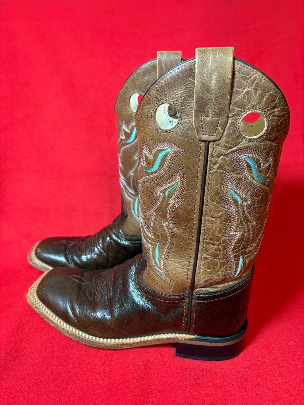 Old West Youth 6D Brown Leather Square Toe Cowboy Boots Blue Stitching